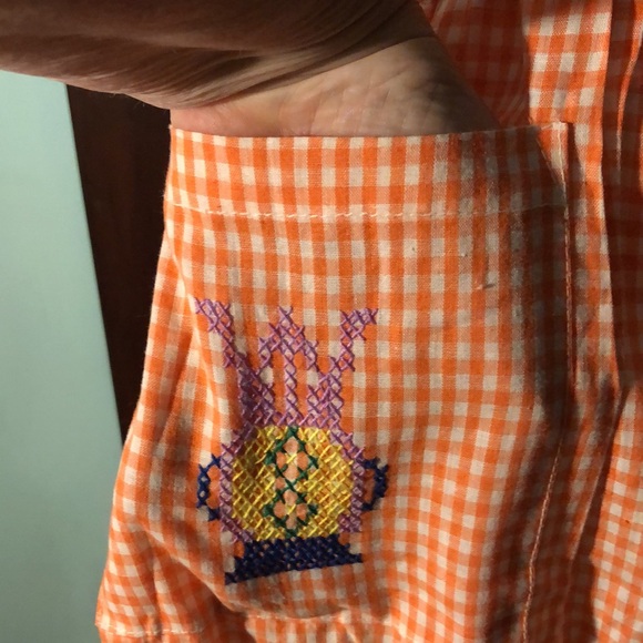 Homemade preteen size orange gingham embroidered apron/ llama/pockets - Picture 6 of 14